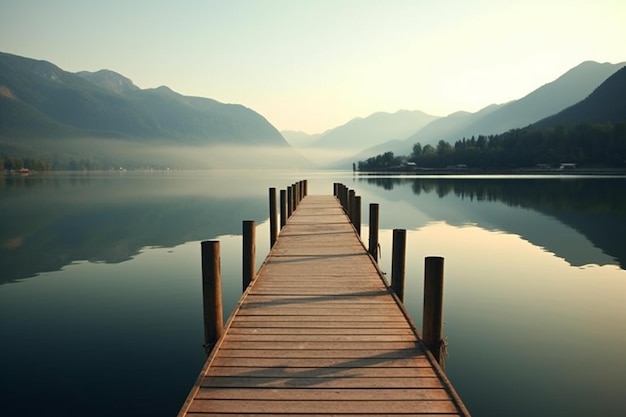 Wooden pier on the lake with mountains in the background at morning