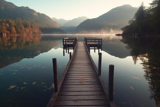 Деревянный пирс на озере с горами на заднем плане утром