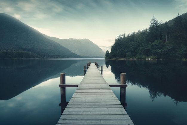 Photo wooden pier on the lake with mountains in the background at morning