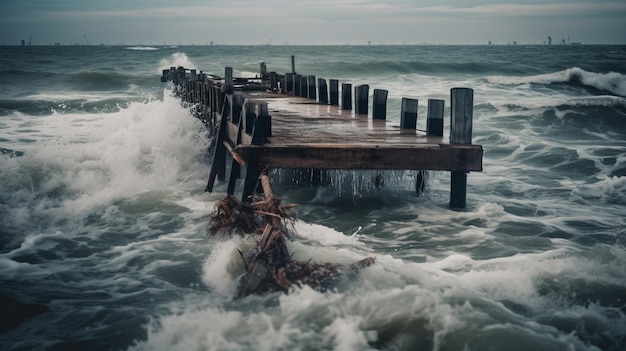 A wooden pier in the ocean with waves crashing on it