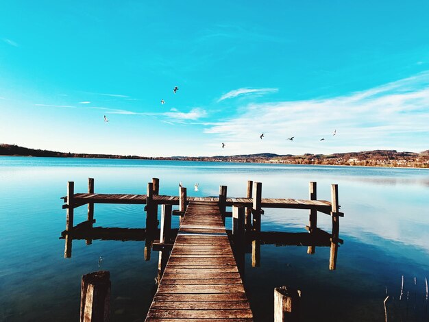 Foto piero di legno sul mare contro il cielo blu