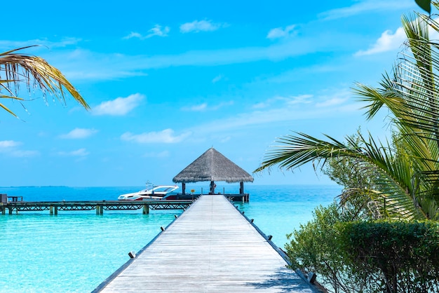 Wooden pier in the sea at day time with blue sky and beautiful clouds in the Maldives the concept of luxury travel