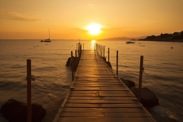 On the wooden pier the setting sun is golden Mallorca Spain