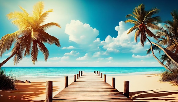 Wooden pier on a tropical beach with palm trees and blue sky Generative AI