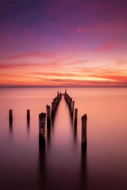 紫色の空を背景に水に浮かぶ木製の桟橋。