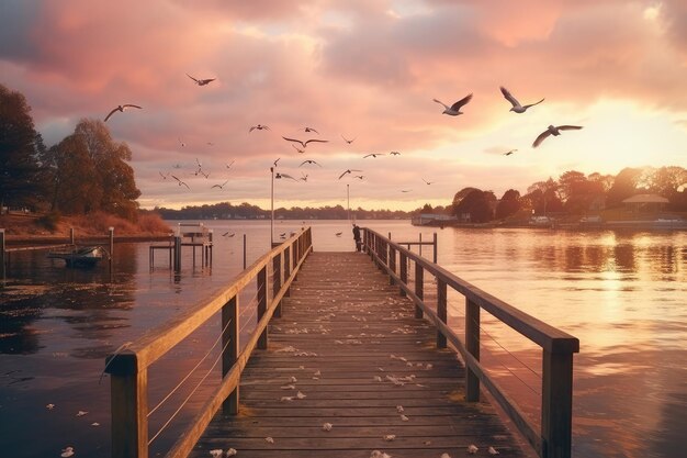 a wooden pier with birds flying over the water at sunset ai generated