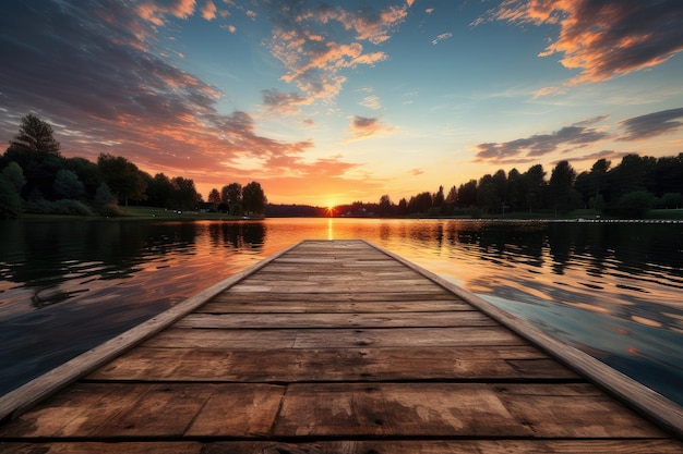 a wooden pier with birds flying over the water at sunset ai generated