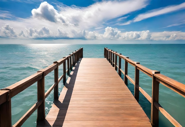 Photo a wooden pier with a blue sky and clouds in the background