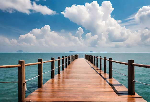 Photo a wooden pier with a blue sky and clouds in the background