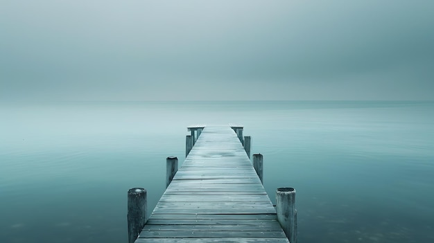 a wooden pier with a blue water and a green ocean in the background