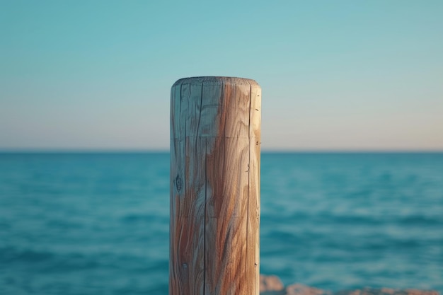 A wooden pier with a blue and white color scheme the pier is located in the ocean and is surrounded