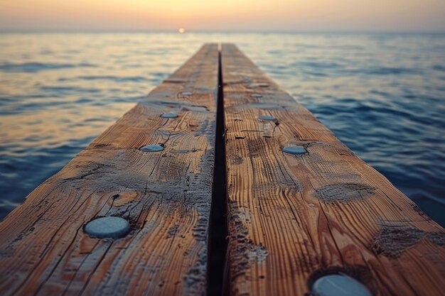 Photo a wooden pier with a blue and white color scheme the pier is located in the ocean and is surrounded