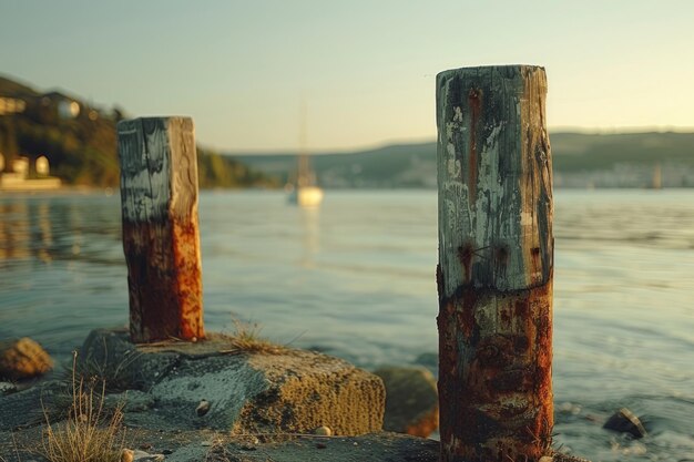 A wooden pier with a blue and white color scheme the pier is located in the ocean and is surrounded