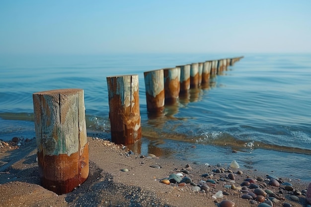 A wooden pier with a blue and white color scheme the pier is located in the ocean and is surrounded