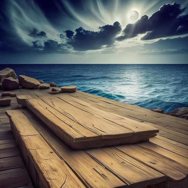 A wooden pier with a cloudy sky and the moon above it.