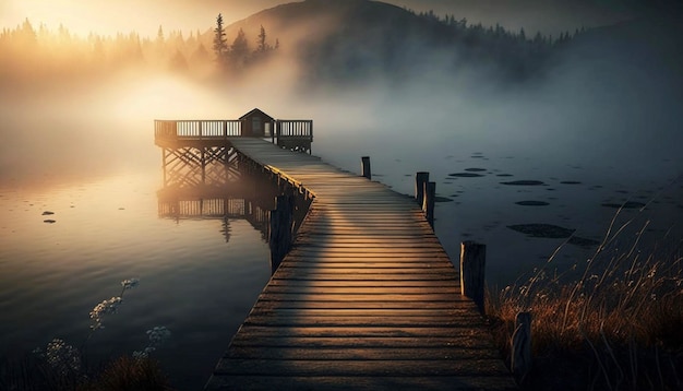 日の出の湖に霧がかかる木製の桟橋 ジェネレーティブ Ai