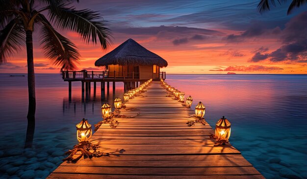 Photo a wooden pier with lights on it and a palm tree on the right