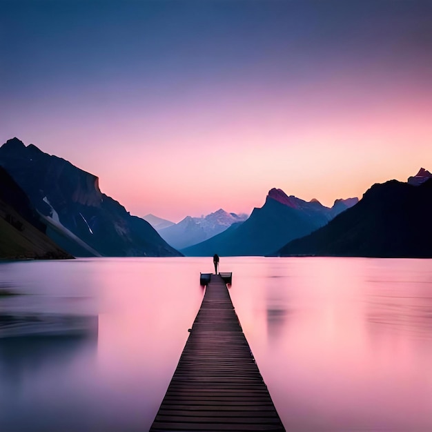 A wooden pier with a person standing on it in front of a mountain.