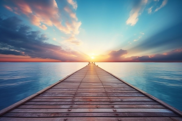 a wooden pier with the sun setting over the water.