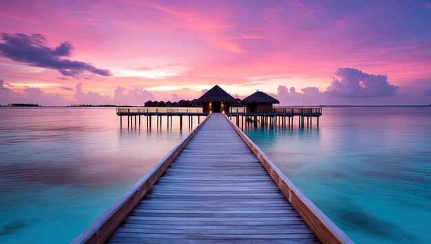 Photo a wooden pier with a sunset in the background