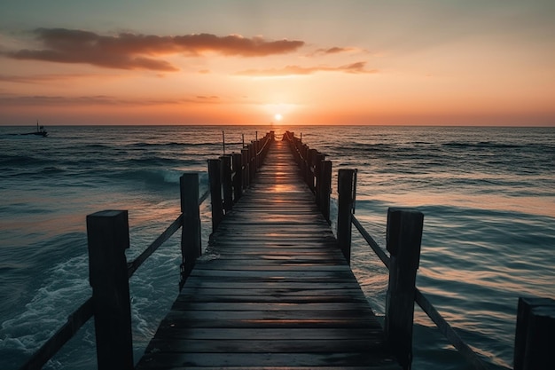 Foto un molo in legno con un tramonto sullo sfondo