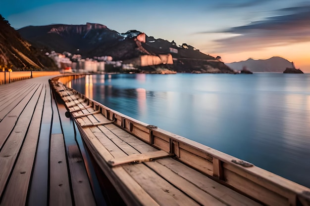 a wooden pier with a view of the town and the sea at sunset.