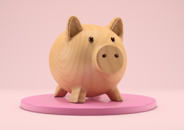 Wooden piggy bank on pink podium