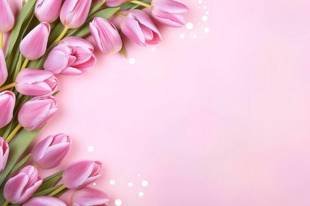 Wooden pink background with fresh spring tulips and empty copy space heart shape decoration made of wood generate ai