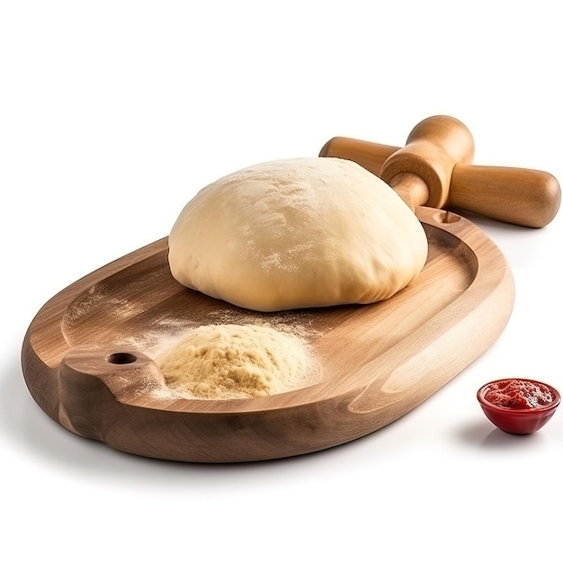 A wooden pizza board with a dough on it and a red pepper next to it.