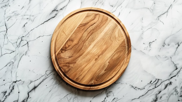 白いキッチンテーブルの上の木製のピザ皿