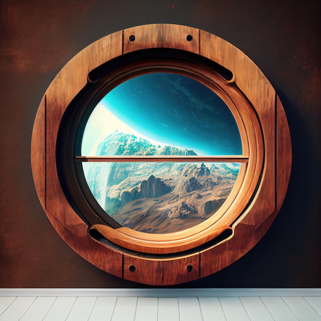 Wooden planet surface with window and picture on wall scifi futuristic interior created with generat