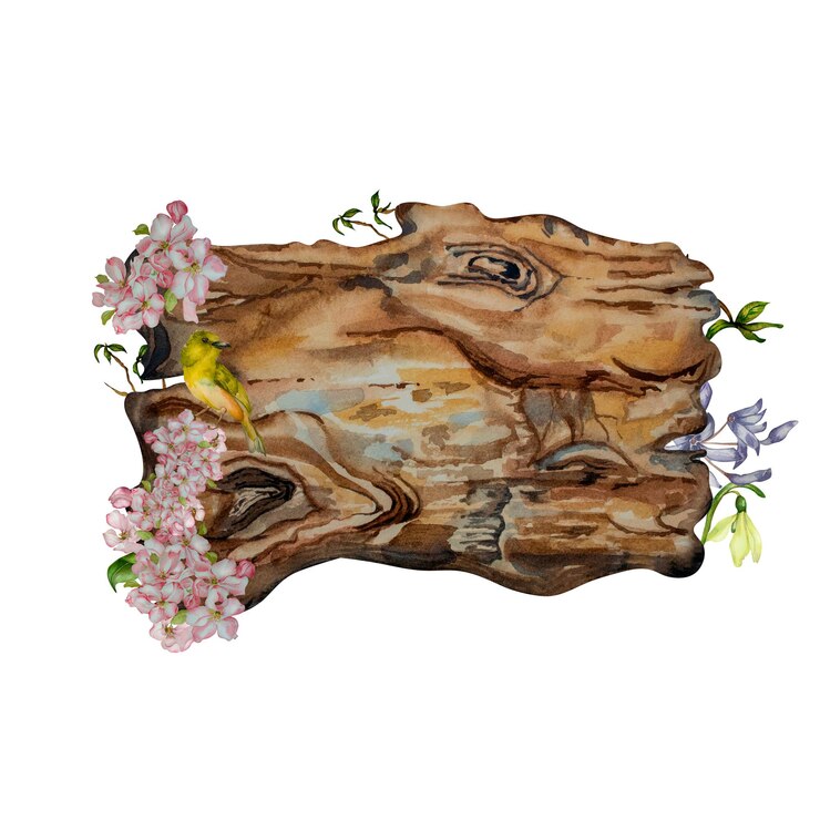 Photo wooden plank blooming cherry tree watercolor illustration