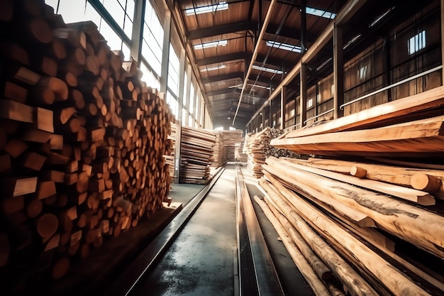 Photo wooden plank or board in the lumber mill industry stack of logs and wood in the sawmill production