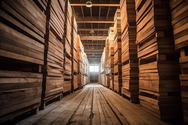 Wooden plank or board in the lumber mill industry stack of logs and wood in the sawmill production