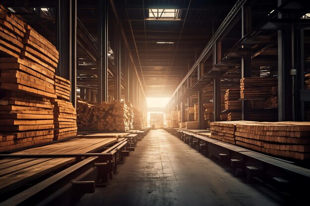 Wooden plank or board in the lumber mill industry stack of logs and wood in the sawmill production