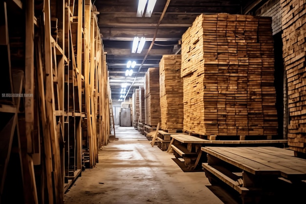 Photo wooden plank or board in the lumber mill industry stack of logs and wood in the sawmill production