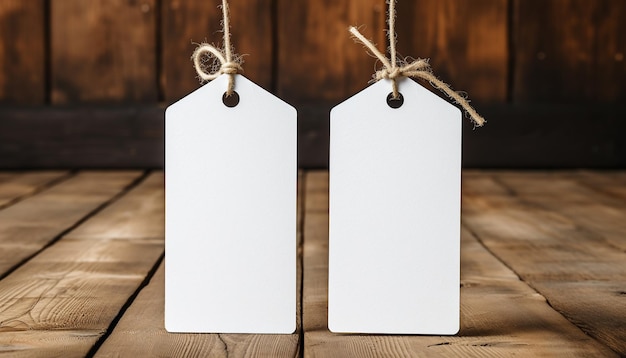 Wooden plank with a blank label hanging on rope generated by AI