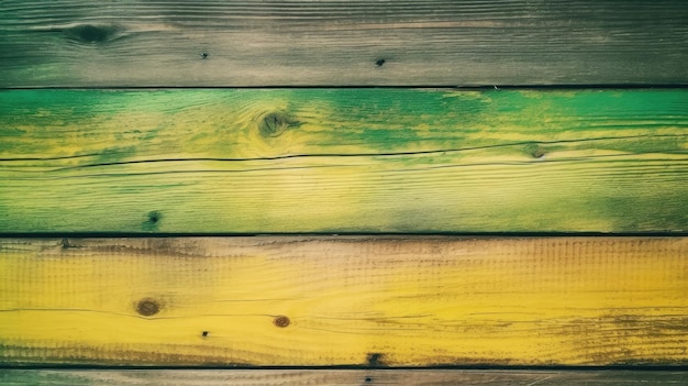 A wooden plank with yellow and green paint that has the word wood on it