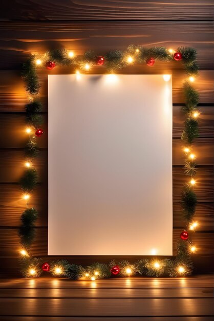 Photo wooden planks background with paper frame of christmas lights fir tree baubles evening lighting