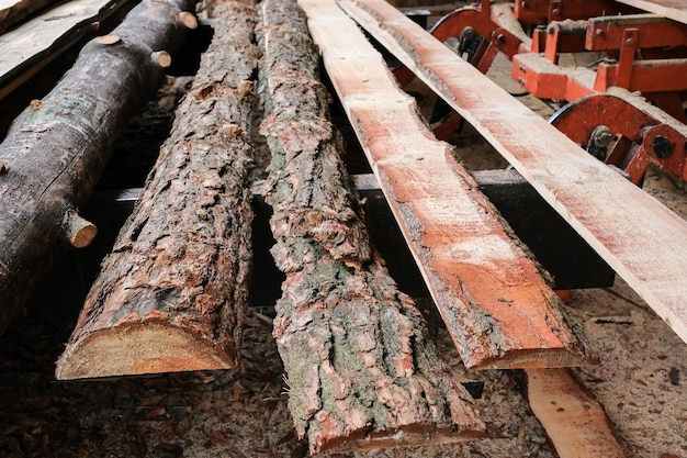 Wooden planks from logs in the sawmill warehouse