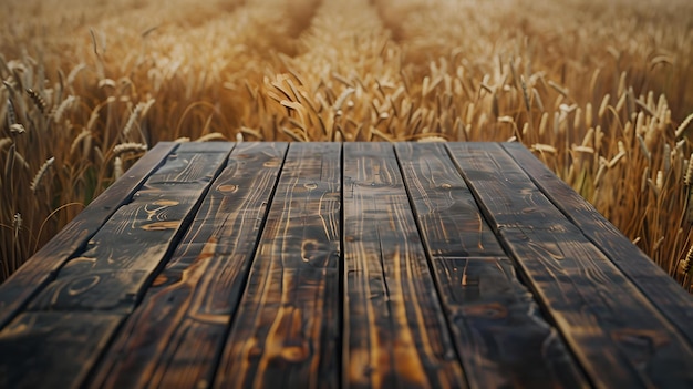 Wooden planks over golden wheat field at sunset rustic scene captured calm countryside viewpoint natural background for design AI