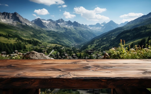 wooden planks on a sunny day with mountain landscape