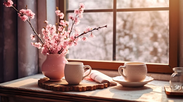 Wooden plant branch with yellow leaves in glass vase it is placed on wooden table counter and white