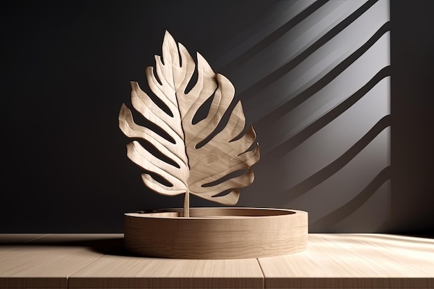 A wooden planter with a large leaf on top of it generative AI