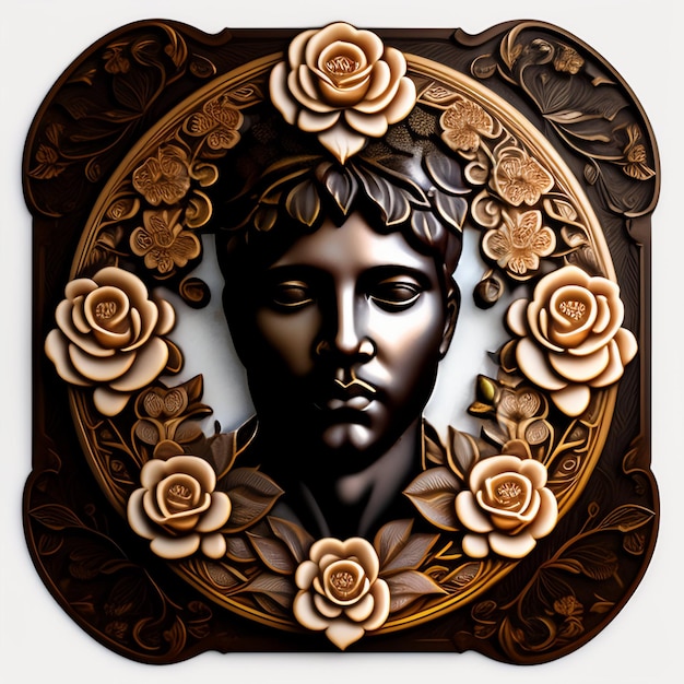 A wooden plaque with a face of a man with roses on it.