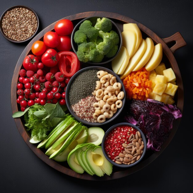 A wooden plate full of healthy food including fruits vegetables and grains