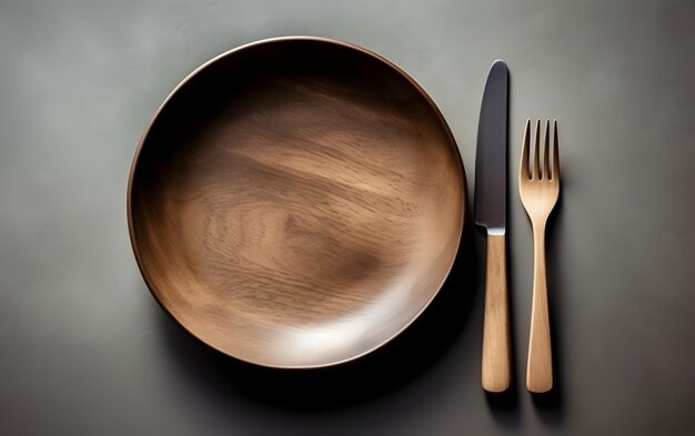 Рядом деревянная тарелка и нож, рядом нож и вилка.