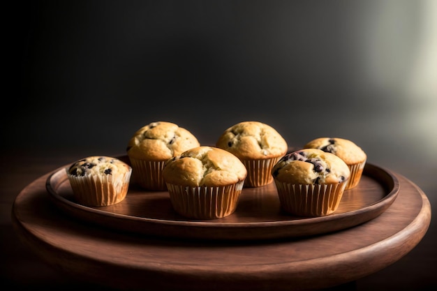 A Wooden Plate Topped With Muffins On Top Of A Table