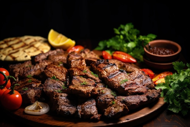 A wooden plate topped with steak and vegetables