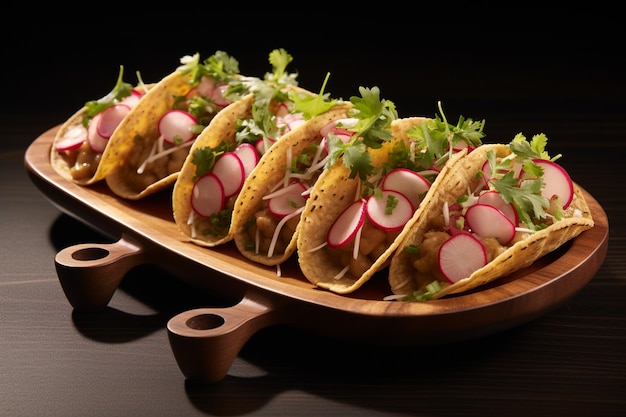 A wooden plate topped with tacos and radishes